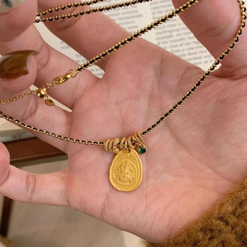 坠链均925银 项链轻奢高级感百搭新中式古法黑绳编织黄财神吊坠
