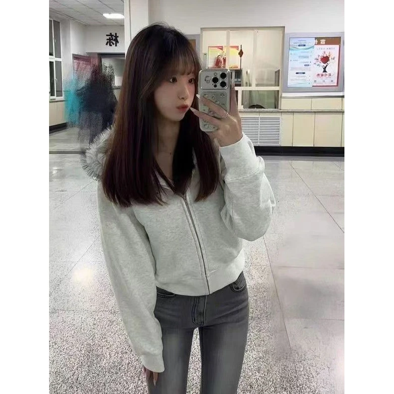 时尚加绒秋季毛领短款外套女秋冬新款小子保暖绒休闲百搭连帽卫衣