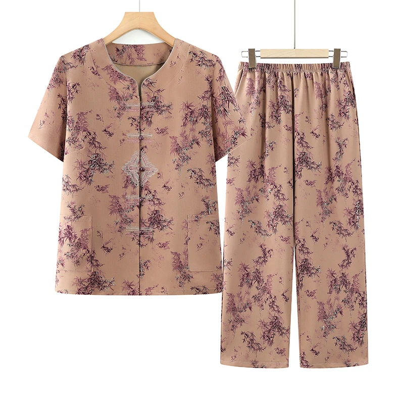 9377 妈妈装夏款短袖洋气套装中老年奶奶开衫气质宽松夏季套装