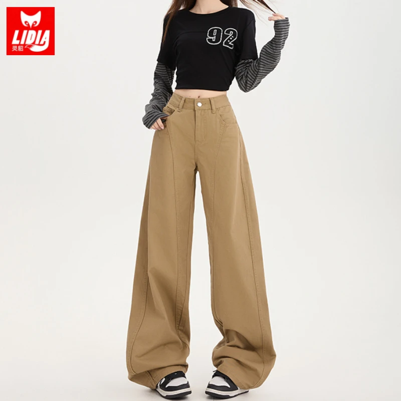卡其色侧缝拉高阔腿牛仔裤女装秋季新款2025爆款美式宽松显瘦长裤