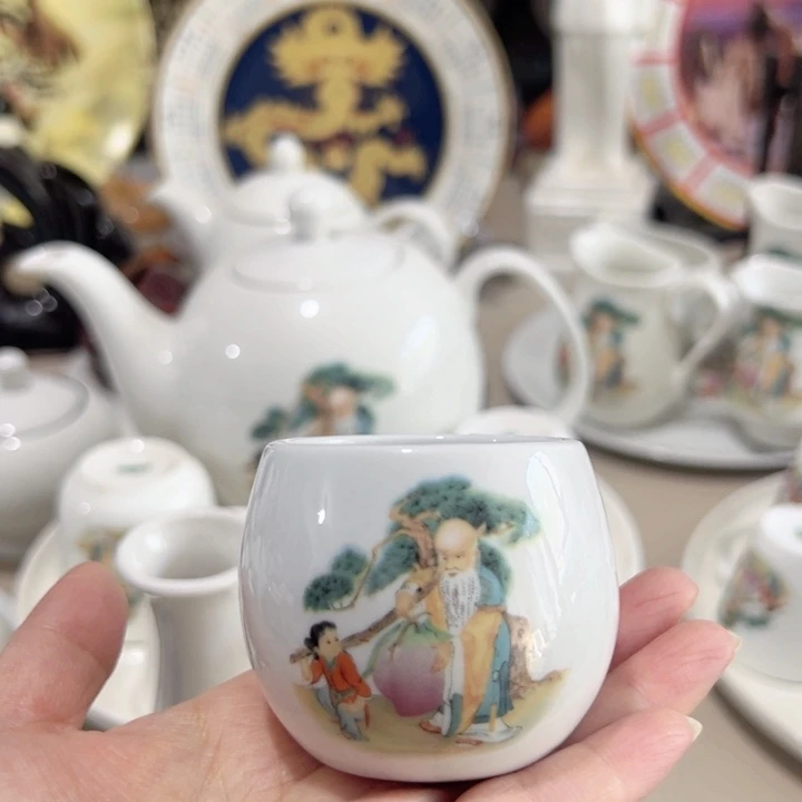瓷片寿星茶杯100毫升6个