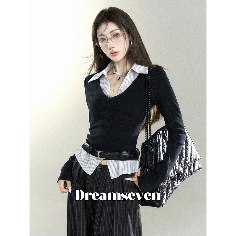 假两件韩版学院风长袖针织衫女2025年秋季新款显瘦打底衫上衣女