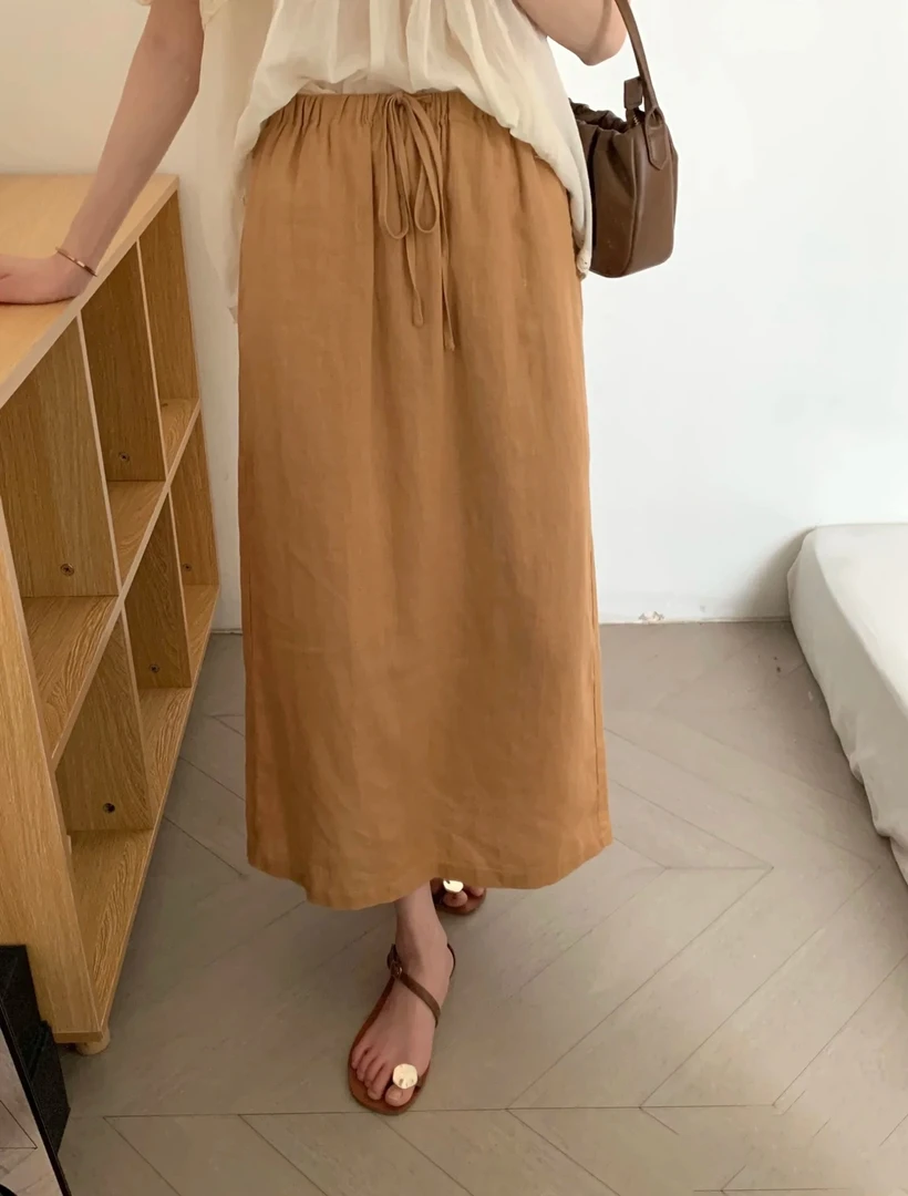 （洒脱南瓜）棉麻半身裙女2025夏季薄款松紧腰直筒亚麻a字半裙C754