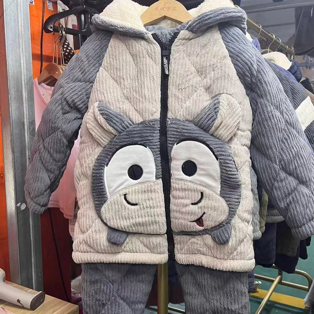 1603  男中童可爱小牛三层加棉加厚家居服套装