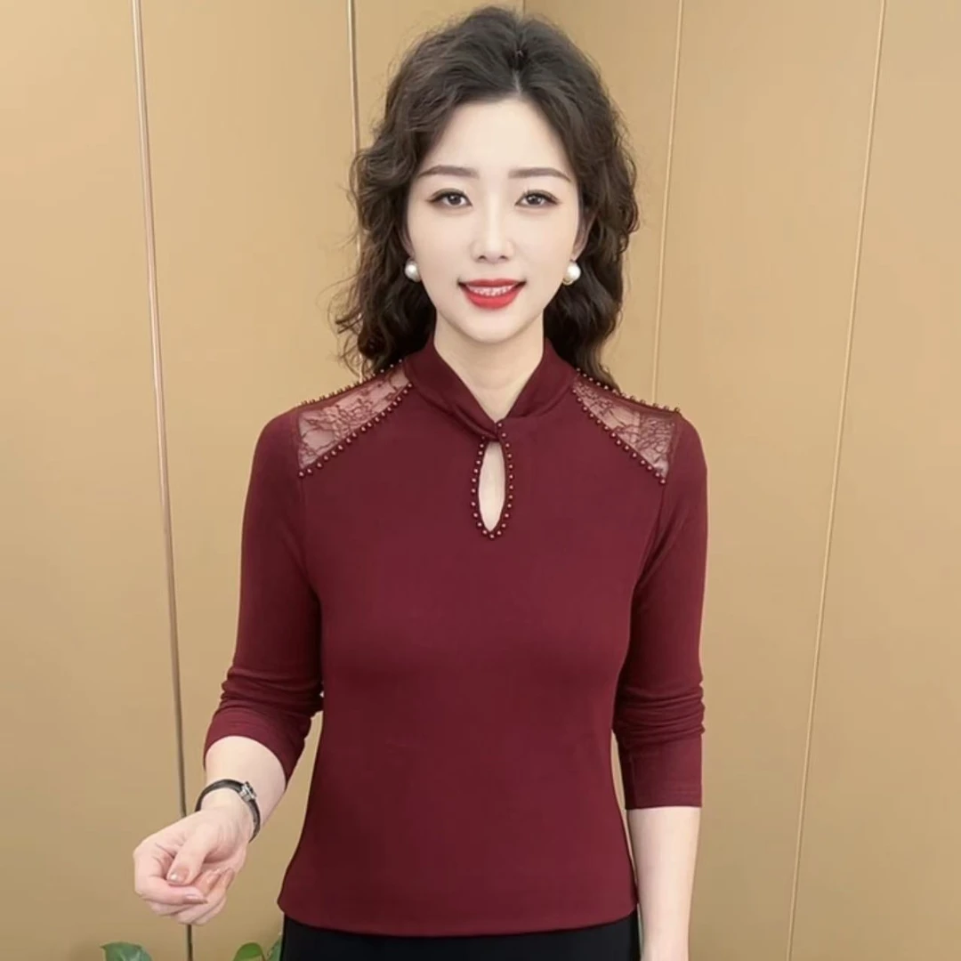 秋冬新款蕾丝拼接镂空钉珠洋气妈妈装双面绒修身百搭打底衫K6825