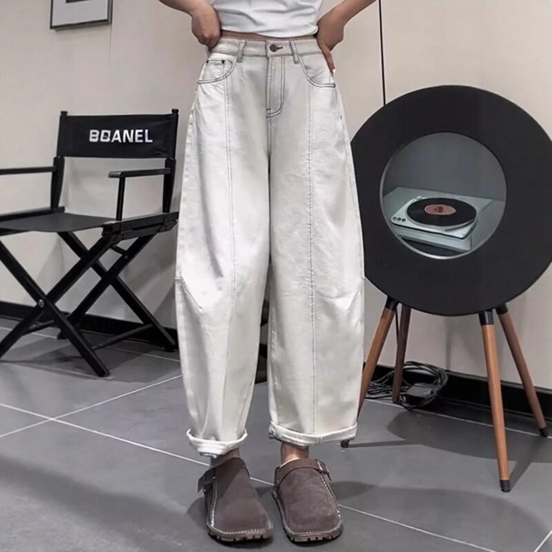 简约百搭阔腿牛仔裤女秋季新款大码胖mm高腰显瘦松弛感九分哈伦裤