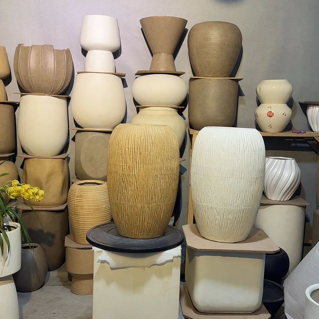 复合镁泥材质竖纹花盆（备注颜色）