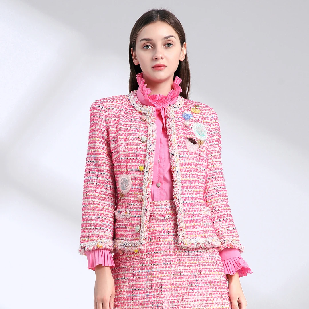 JETEZO优雅气质淑女小香风粗花呢珠钻毛须圆领短款外套BA2001D1