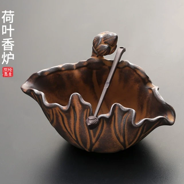 荷花盘香炉陶瓷仿古莲花家用室内檀香炉茶道小号客厅摆件香薰炉