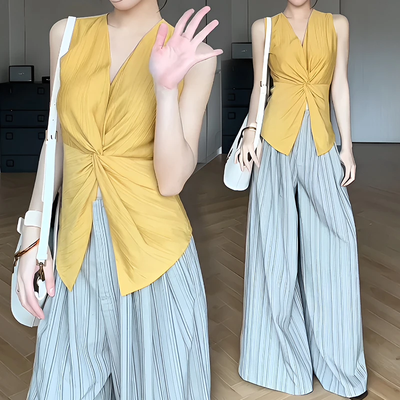 2025超火夏装一整套气质轻奢高级感女人味又酷又飒黄色马甲套装裤