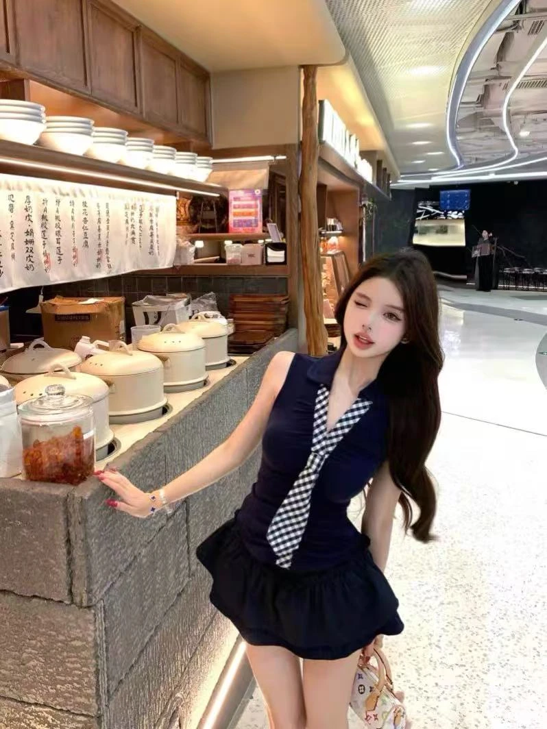 格纹领带辣妹褶皱上衣-2536