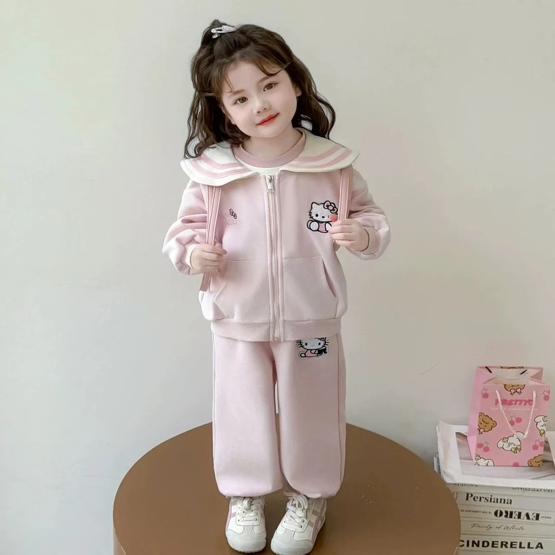 女童猫咪秋装套装2025新款洋气长袖海军领女宝春秋时髦两件套