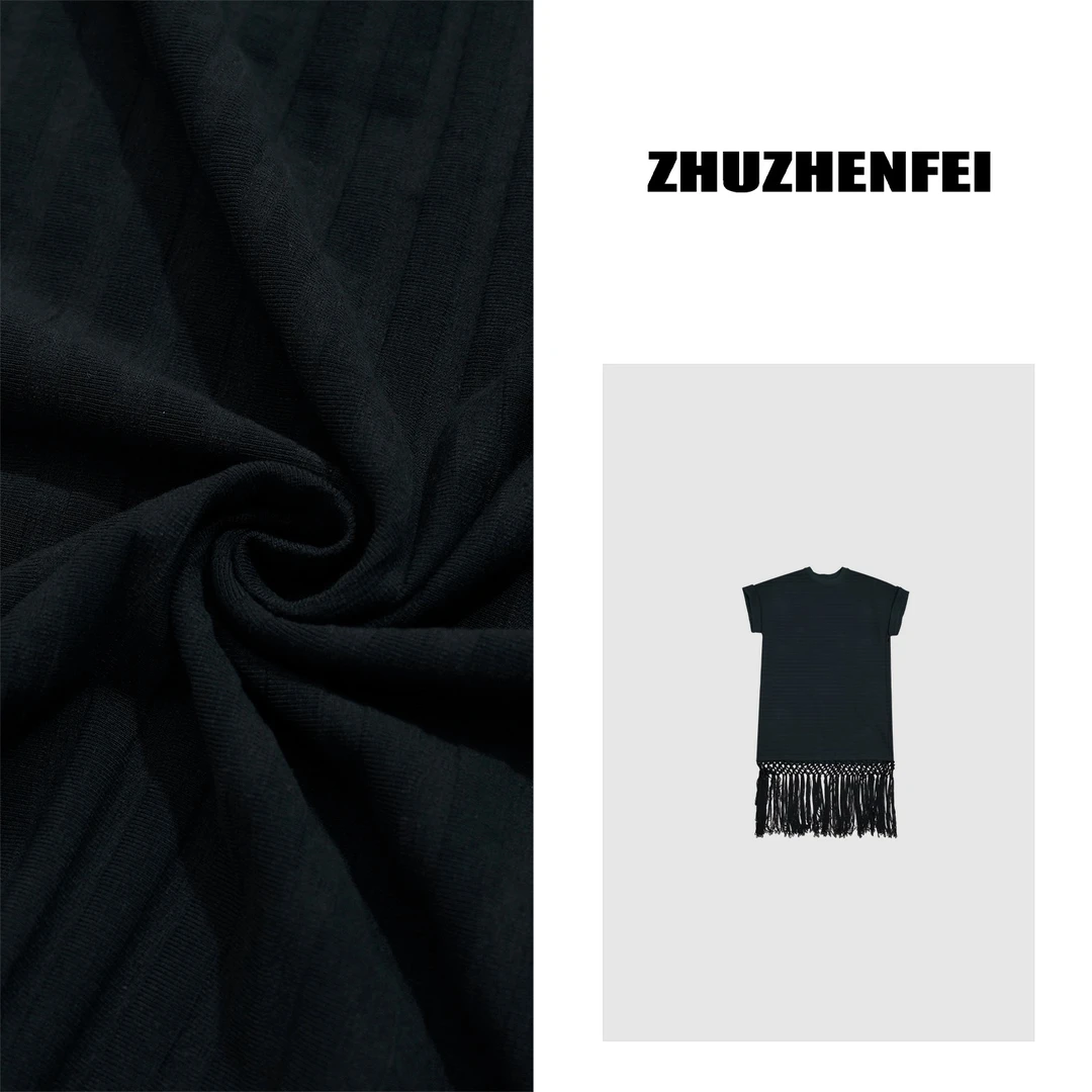 ZHUZHENFEI 棉感藏蓝色流苏夏季透气舒适显瘦短袖连衣裙Z352407