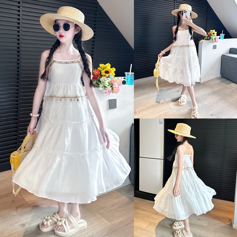 NEXTVSTO女童连衣裙高级感2025新款大童海边沙滩吊带裙波西米亚裙