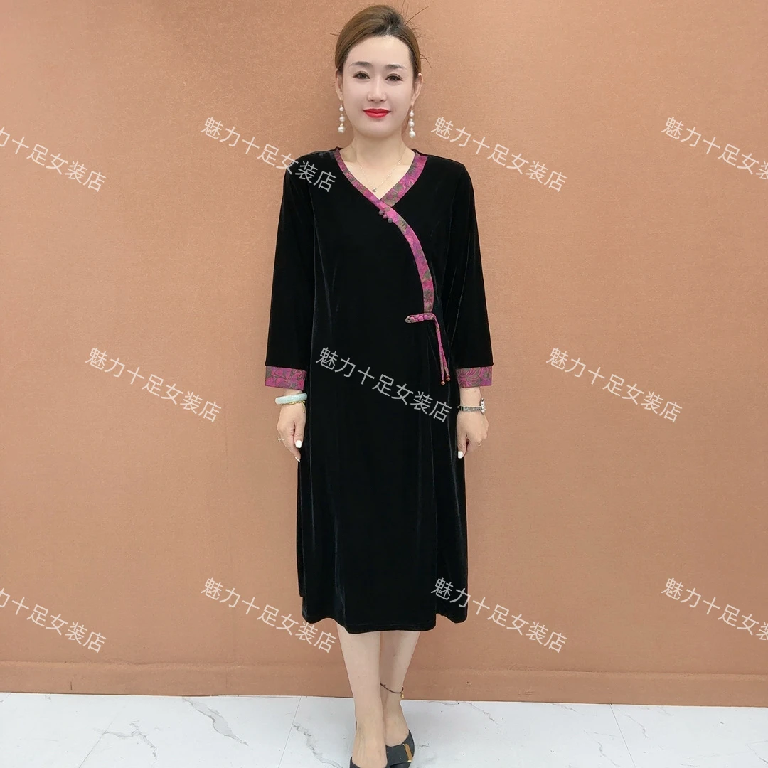 秋季新款国风V领宽松显瘦中老年妈妈装拼色旗袍连衣裙