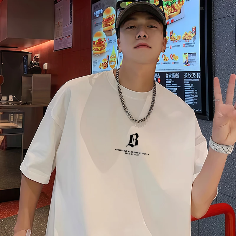 重磅纯棉短袖t恤男2025新款夏季宽松ins潮流印花半袖男款圆领上衣