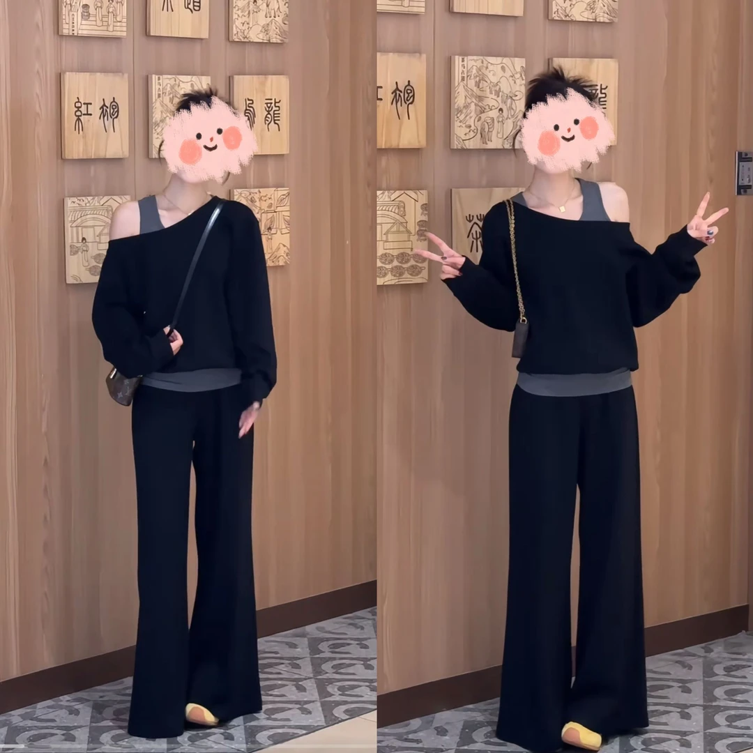 韩系气质假两件露肩卫衣阔腿长裤女装2025秋季新款休闲运动两件套