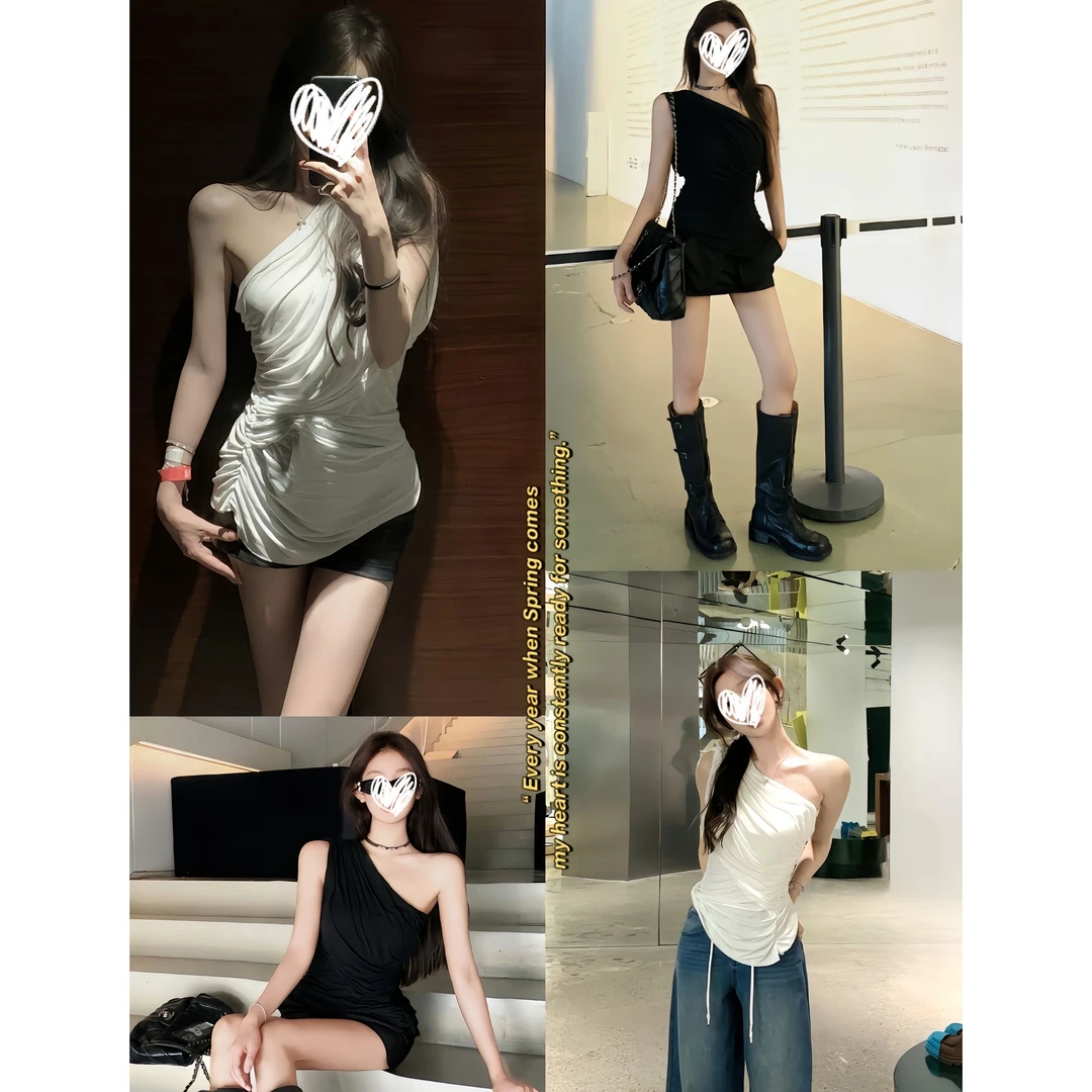 艺等YIDENG 韩系千金风时尚洋气斜肩无袖t恤女修身显瘦褶皱上衣