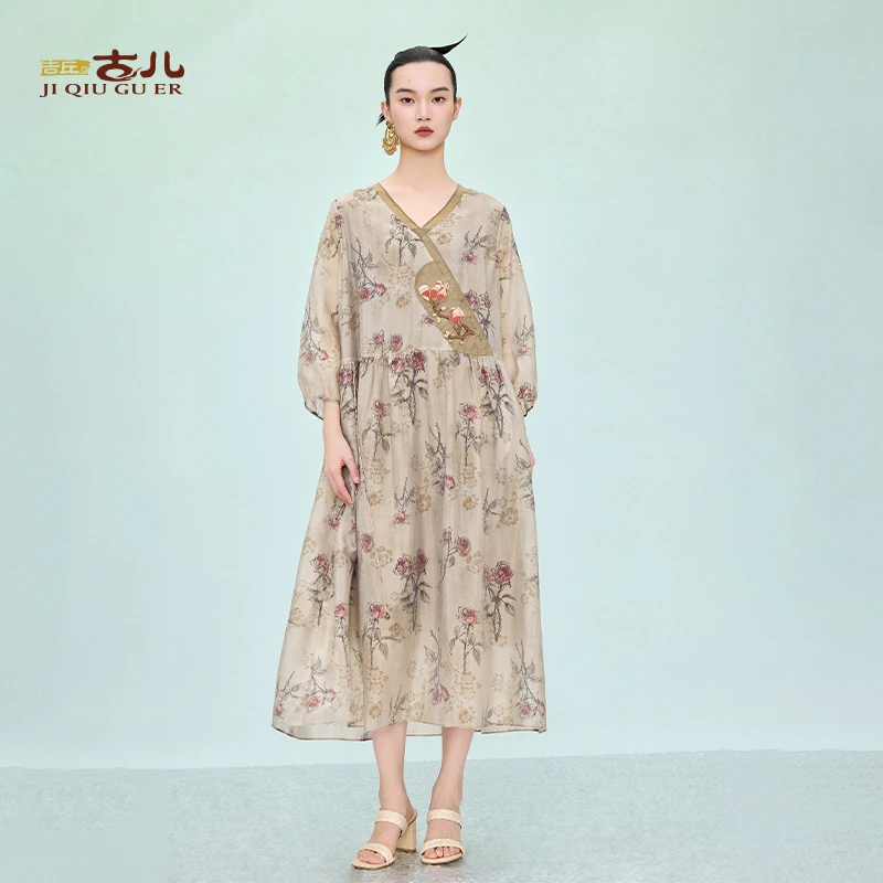 吉丘古儿琼枝连衣裙复古印花优雅减龄气质时尚新中式薄款G252Y009