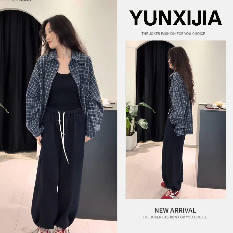 2025秋季新款时尚设计感修身显瘦内搭格子开衫裤子三件套