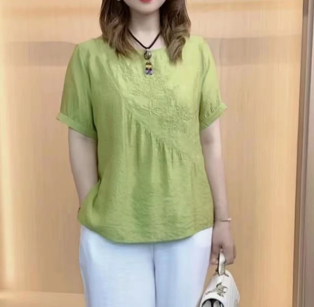 2025春季新款冰丝刺绣百搭宽松妈妈上衣小衫薄款起皱冰丝绉上衣女