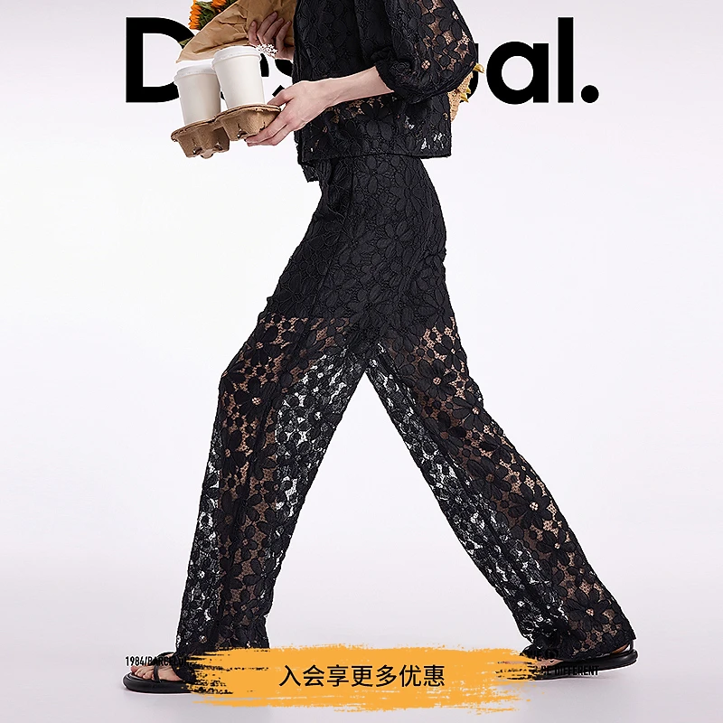 Desigual黑色蕾丝轻薄宽松直筒女式休闲裤夏季薄款阔腿长裤