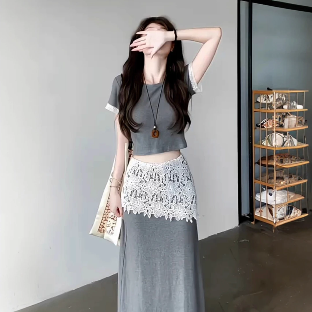 韩里韩气两件套盐系轻熟独特漂亮绝美灰色蕾丝拼接T恤套装裙女夏