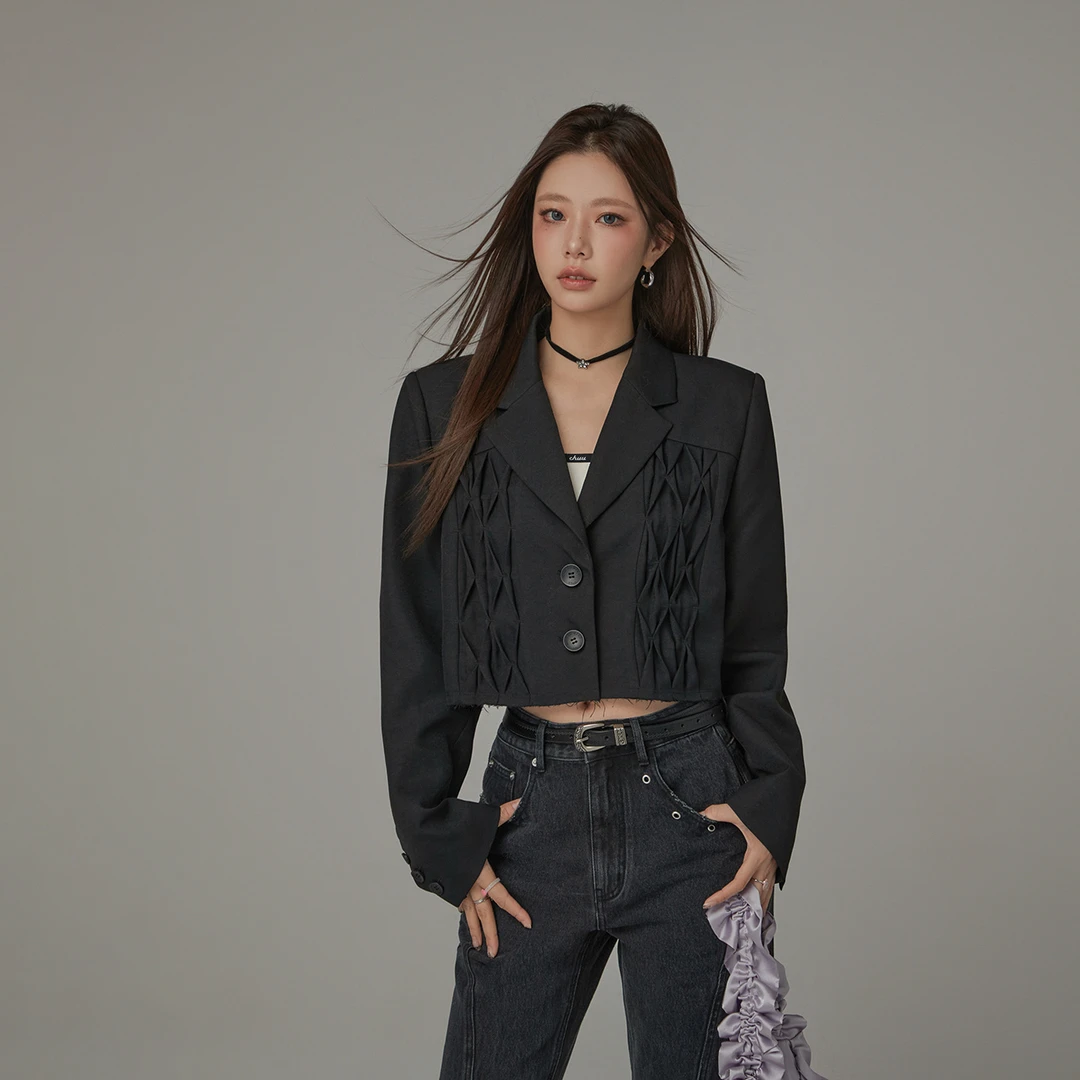 HC001【马琦尧专属】CHUU春季女装长袖褶皱短款搭配显瘦设计西装-Y