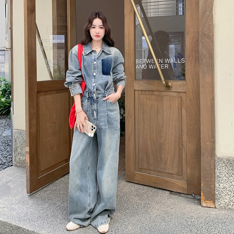 浅蓝色盐系轻熟风复古渐变牛仔连体裤女2025秋新款高腰显瘦连身裤