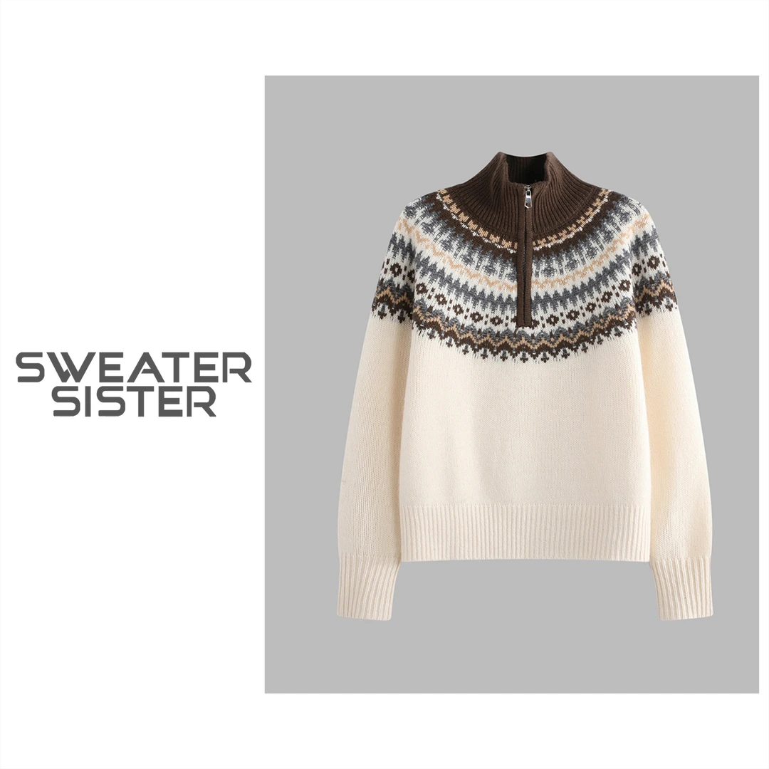 费尔岛半高领减龄针织衫氛围感半拉链羊毛毛衣女289-W537