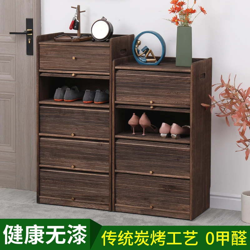 炭烤木质入户鞋柜环保无漆门口多层小鞋架家用玄关防尘新中式鞋柜