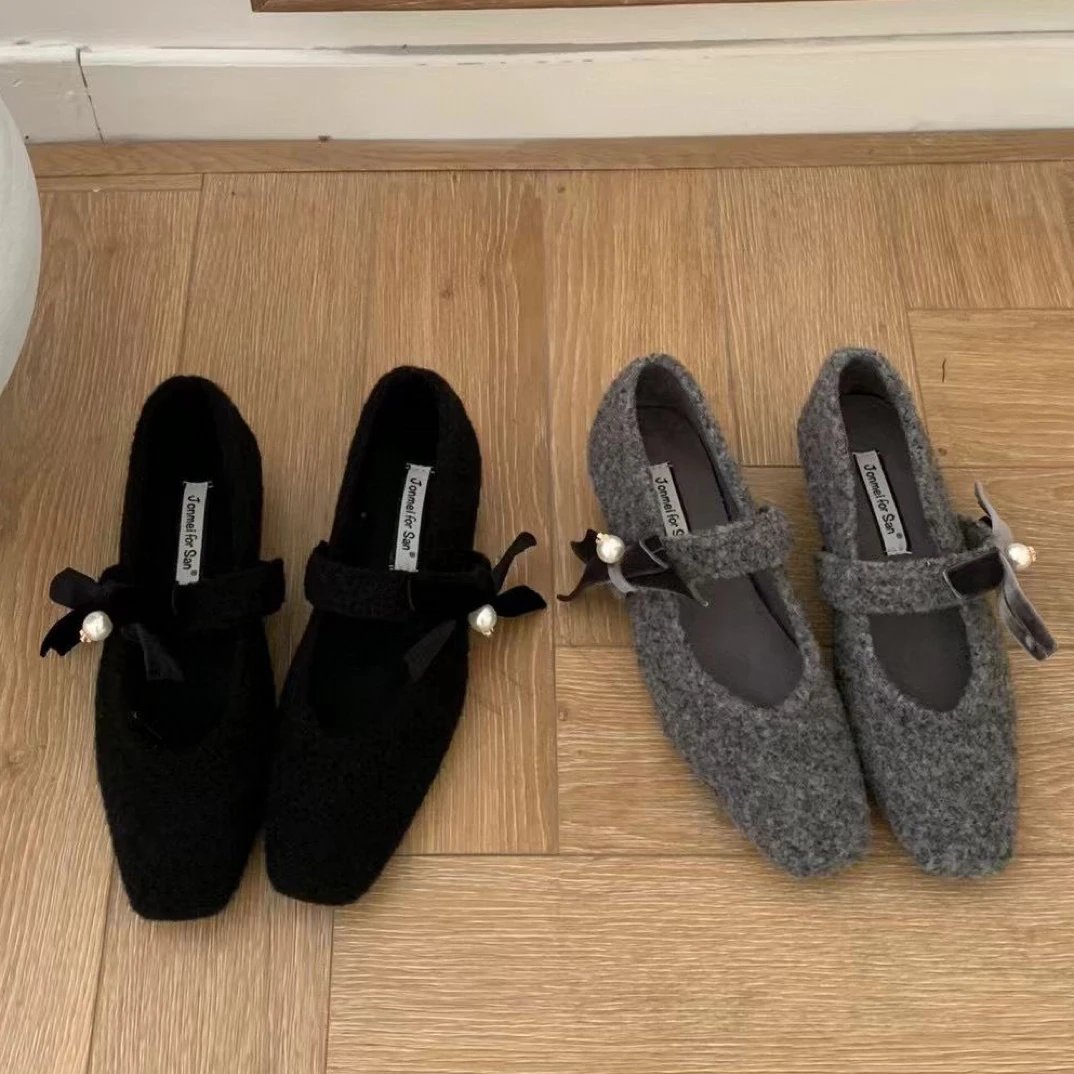 1973-43保暖增高珍珠蝴蝶结玛丽珍鞋学院单鞋女鞋鞋子冬季乐福鞋