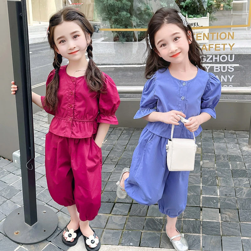 女童套装2025新款洋气儿童泡泡袖短袖上衣灯笼裤两件套女宝宝夏装