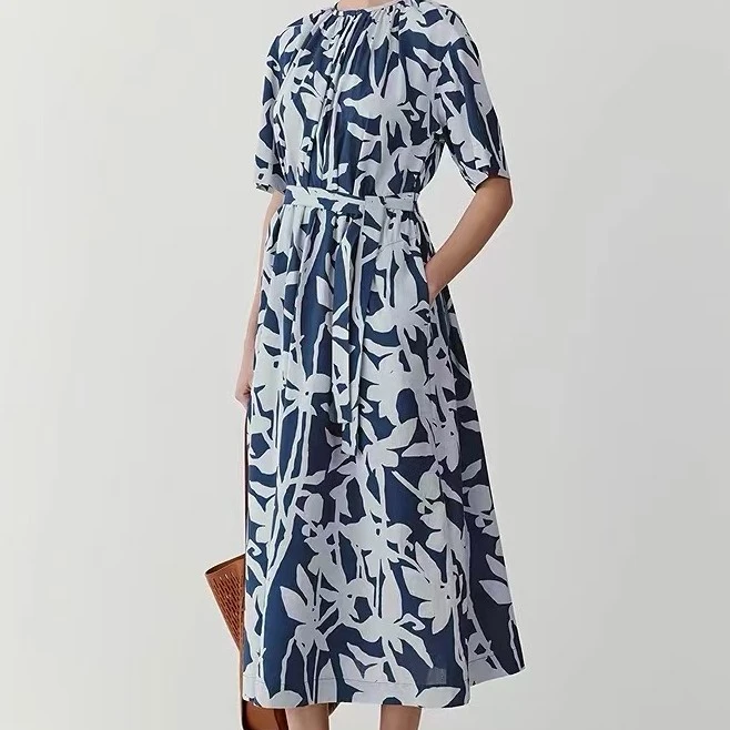 小禾同款植物蓝印花布长款短袖中长文艺风连衣裙女春夏新款优雅