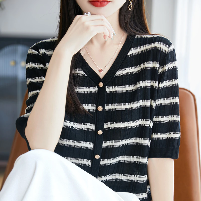 唯美浪漫！推荐款V领条纹天丝针织衫拼接百搭衬衫女薄款洋气夏季