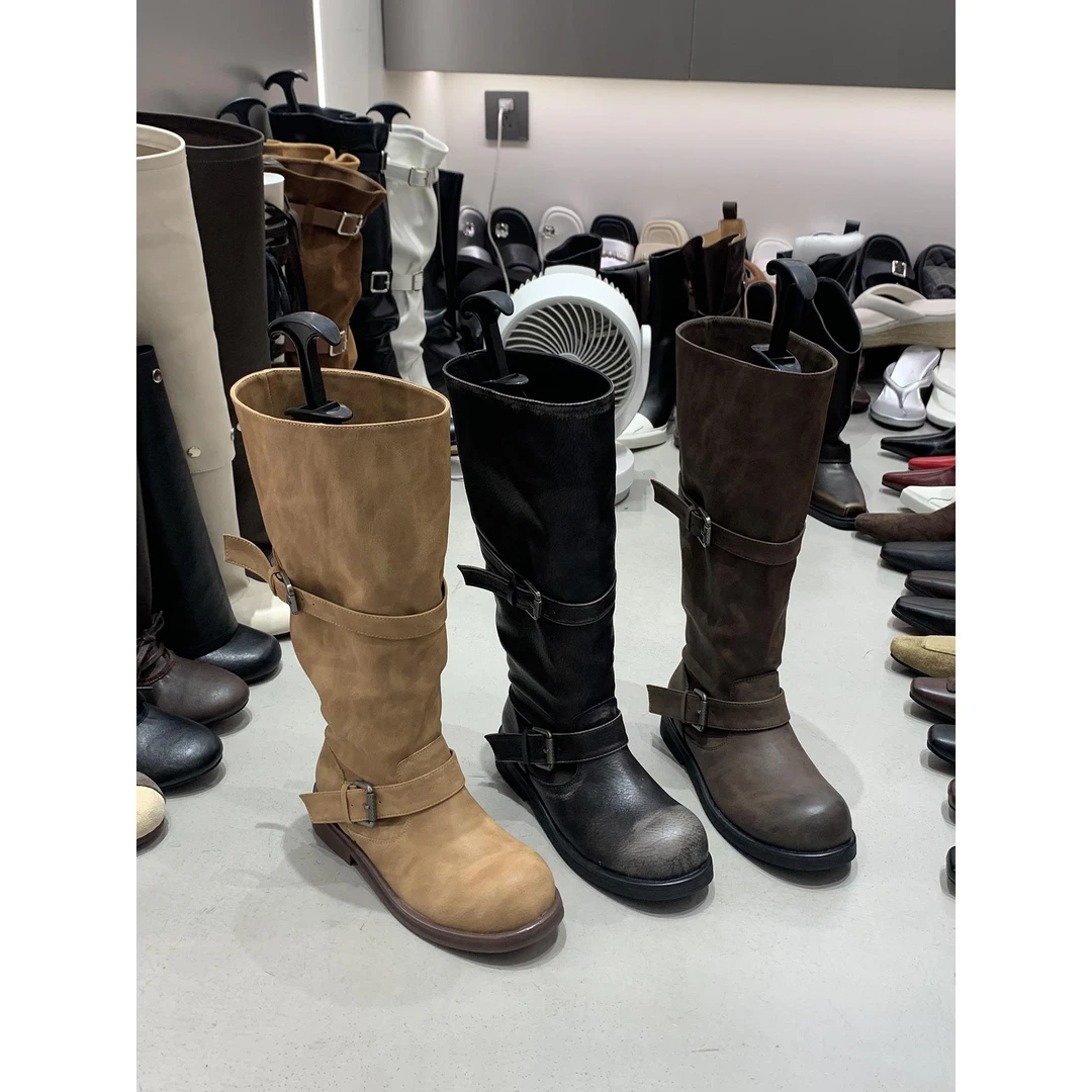 覆古百搭瘦瘦中筒骑士靴女2025新款秋季棕色直筒不过膝长筒长靴子