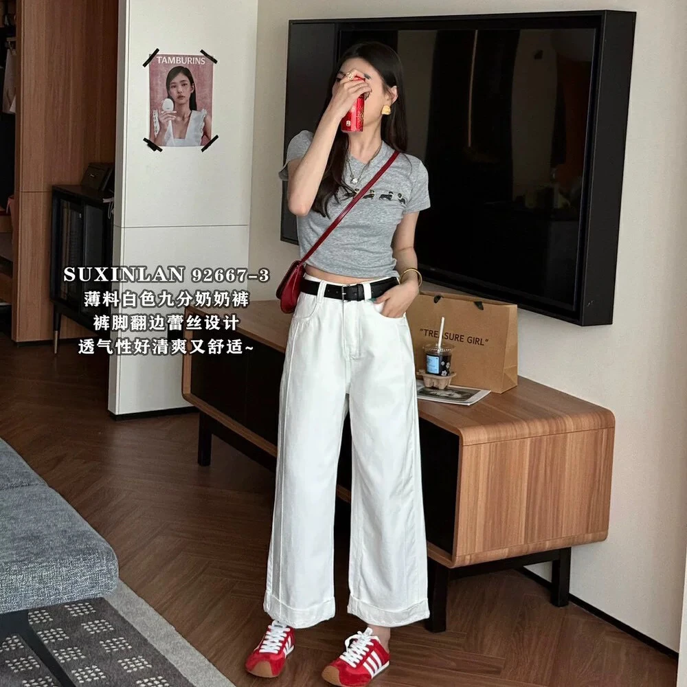 可卷边露花边牛仔裤高腰显瘦阔腿裤