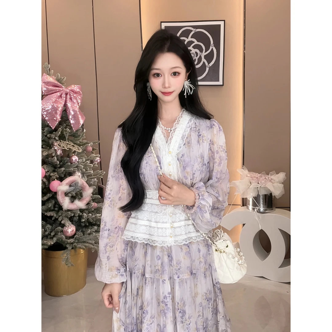 夏季新款短袖【费尼兹花园】法式紫色蕾丝拼接高级宽松显瘦气质上衣