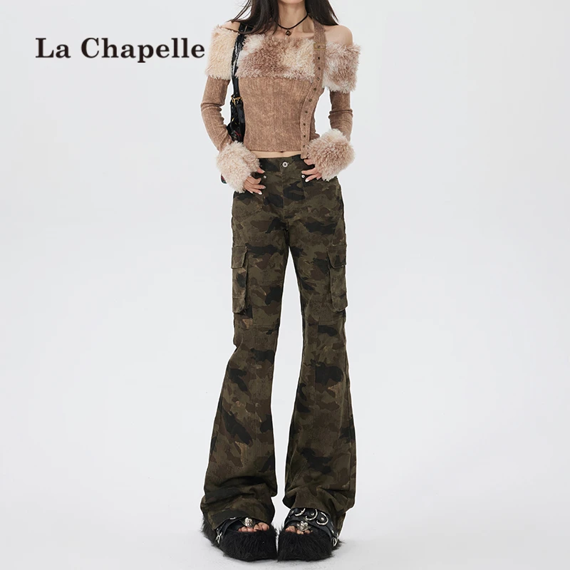 拉夏贝尔迷彩微喇工装裤女秋季新款多口袋街头低腰辣妹显瘦直筒裤