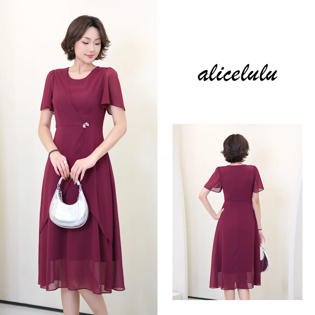 5 alicelulu时尚洋气薄款显瘦纯色修身雪纺长款连衣裙S2142992A