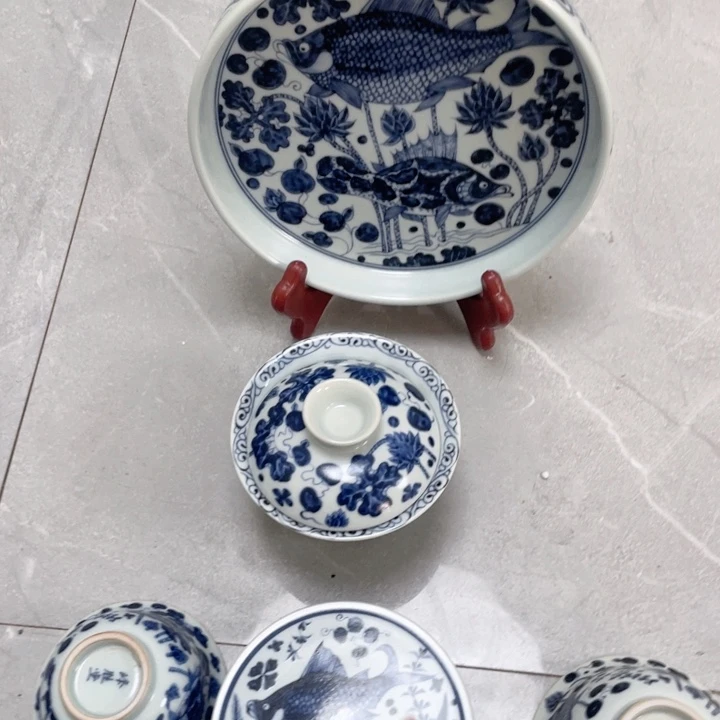 瓷片景德镇青花鱼藻五件套