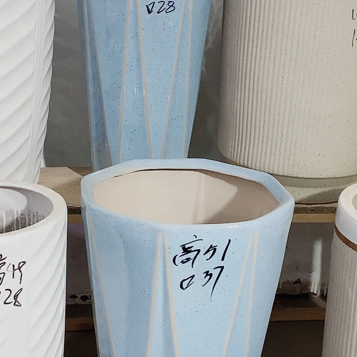 陶瓷大花盆菱型八角一套兰色高盆