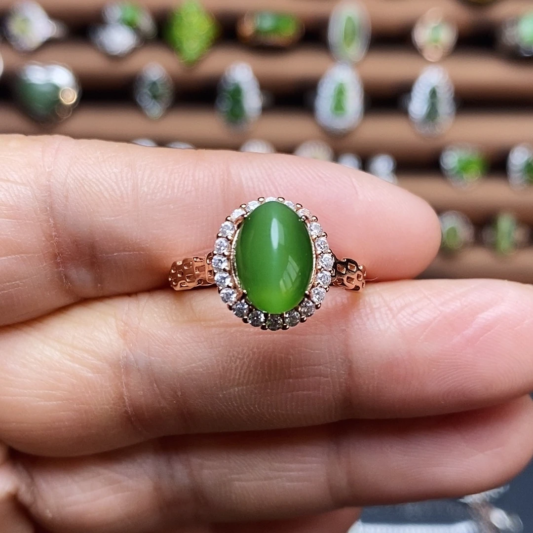 吊坠(不含链)银S925镶嵌和田玉（碧玉）戒指