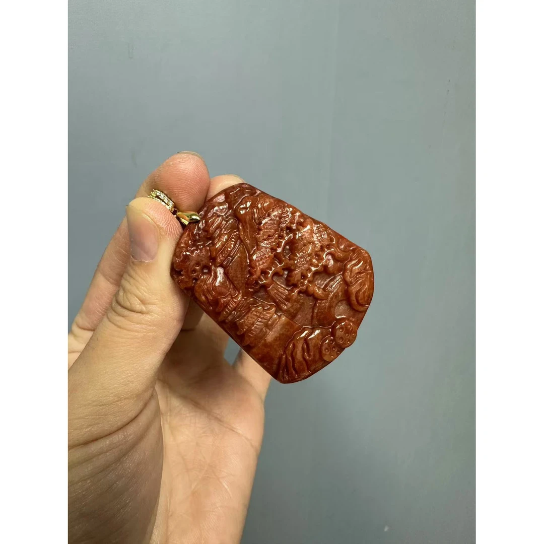 翡翠14k红翡翠山水牌吊坠