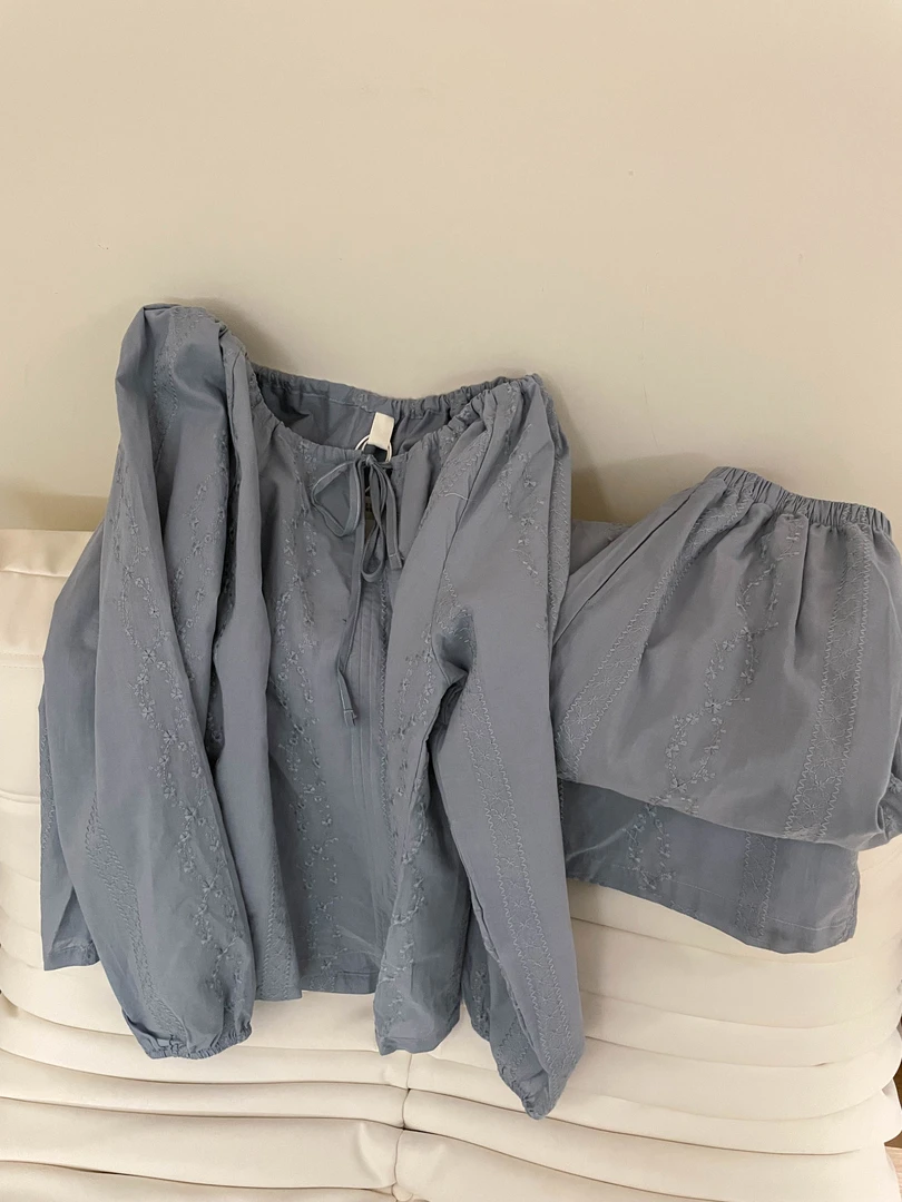 【简约纯色】新款褶皱双层棉纱棉纱布睡衣女款春秋季家居服套装