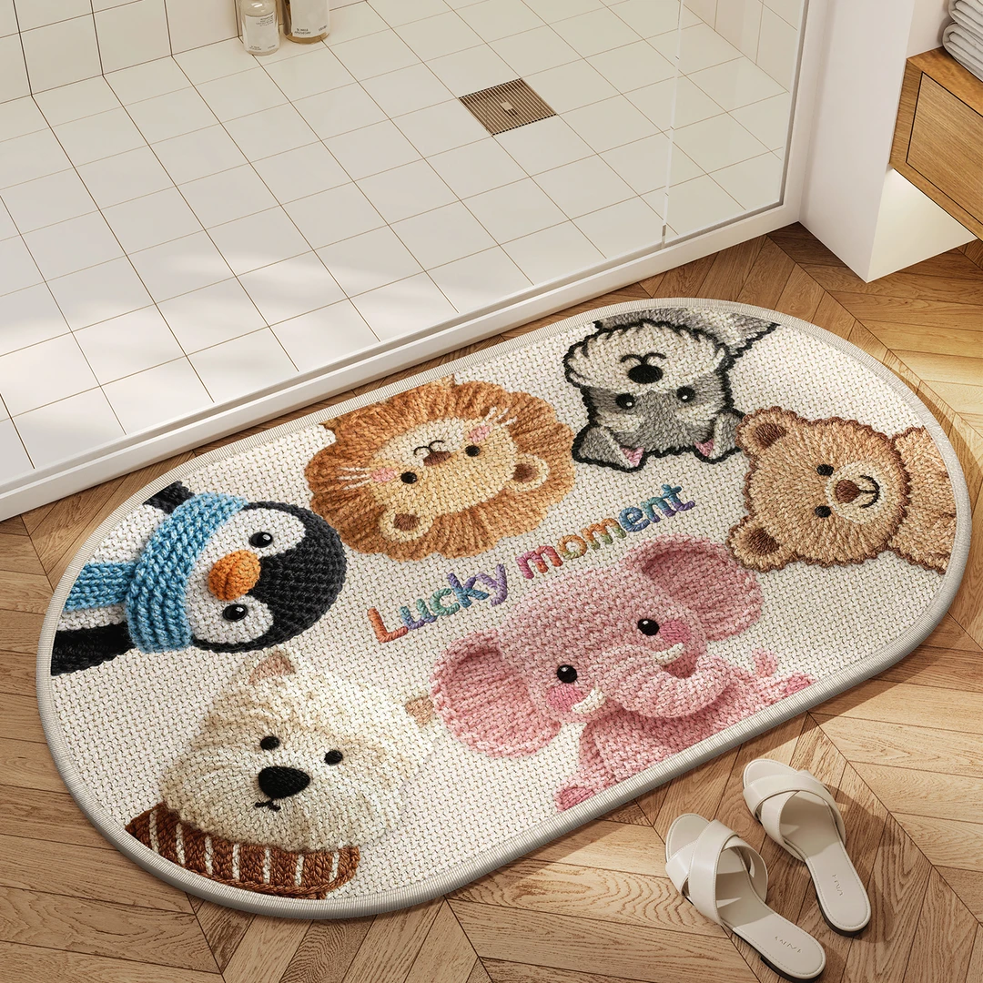 亚麻编织浴室吸水地垫可爱动物卫生间门口脚垫原木风厕所颜值地毯
