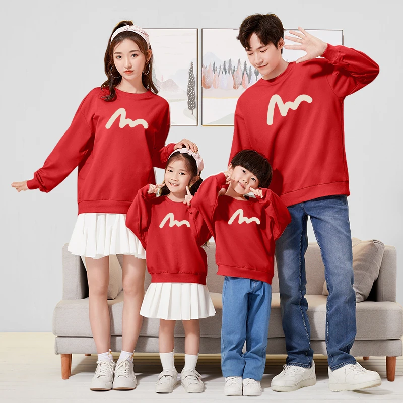 亲子装长袖一家三四口秋冬过年新款红色全家装圆领卫衣情侣装加绒