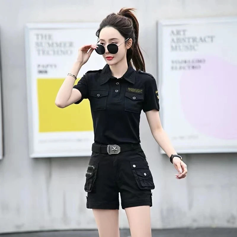夏季户外服套装女短袖短裤显瘦修身洋气高腰黑色女时尚套装夏季