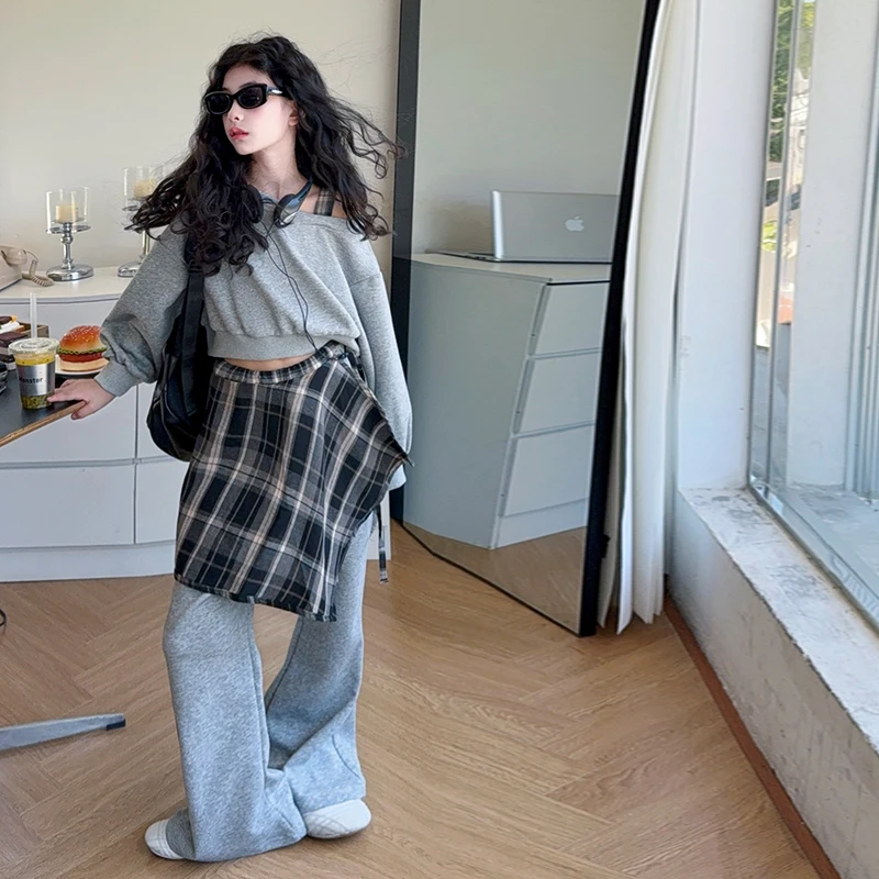 女童秋装2025新款套装中大儿童韩版洋气时髦格子屁帘卫衣三件套潮