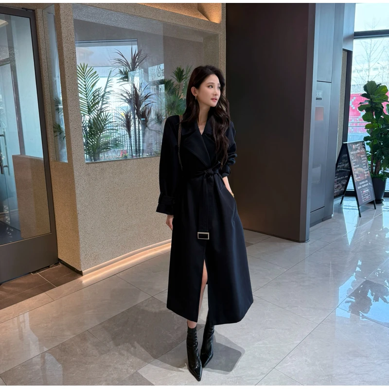 LOSA ROSA秋季新款复古气质时尚翻领系带小个子风衣中长款外套女